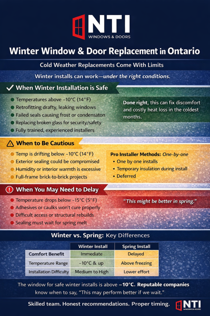 Infographic explaining winter window and door replacement in Ontario, including safe temperature ranges, full-frame installation considerations, and when to proceed or pause.