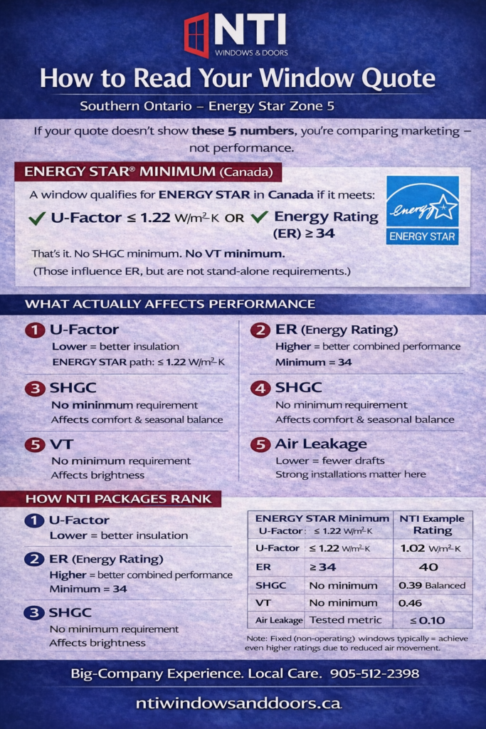 Infographic explaining how to compare window quotes in Ontario, showing ENERGY STAR minimums, U-Factor, ER rating, SHGC, VT, and NTI window performance.