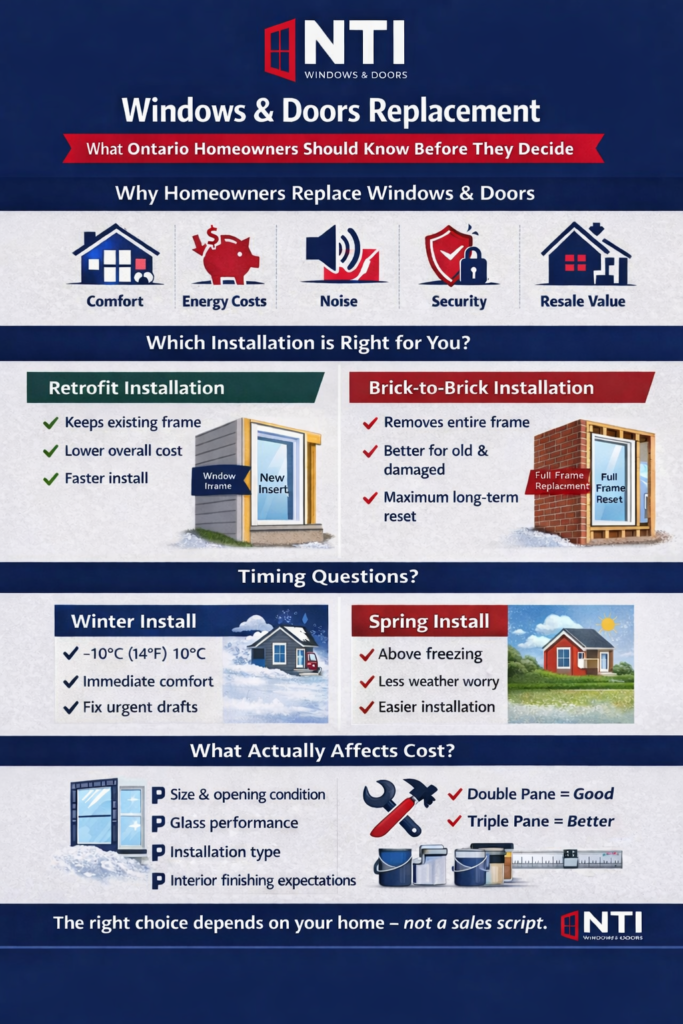 Window and door replacement infographic outlining installation methods, timing, cost factors, and performance considerations for homeowners.