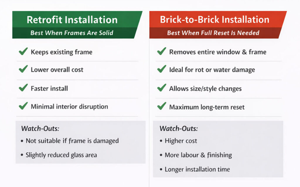 NTI Comparison chart of retrofit vs. brick-to-brick window installation, outlining benefits, drawbacks, and watch-outs for each installation method. window and doors