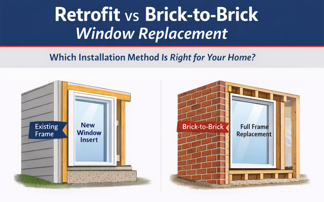 NTI Illustration comparing retrofit window replacement using an existing frame with brick-to-brick replacement involving a full frame within a brick wall. window and doors